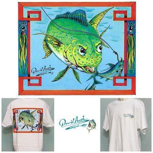 Crazy Nautical Fishing T-Shirt Colorful Mahi Mahi After Bait Red Border NWOT